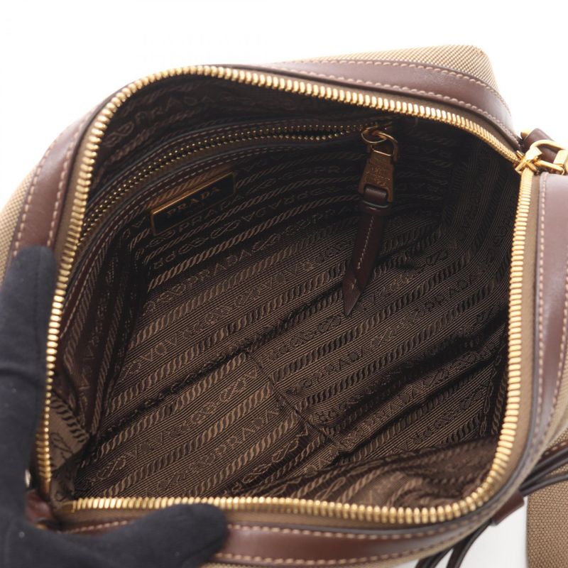 Prada Shoulder Bag Logo Jacquard Beige Brown Canvas Leather