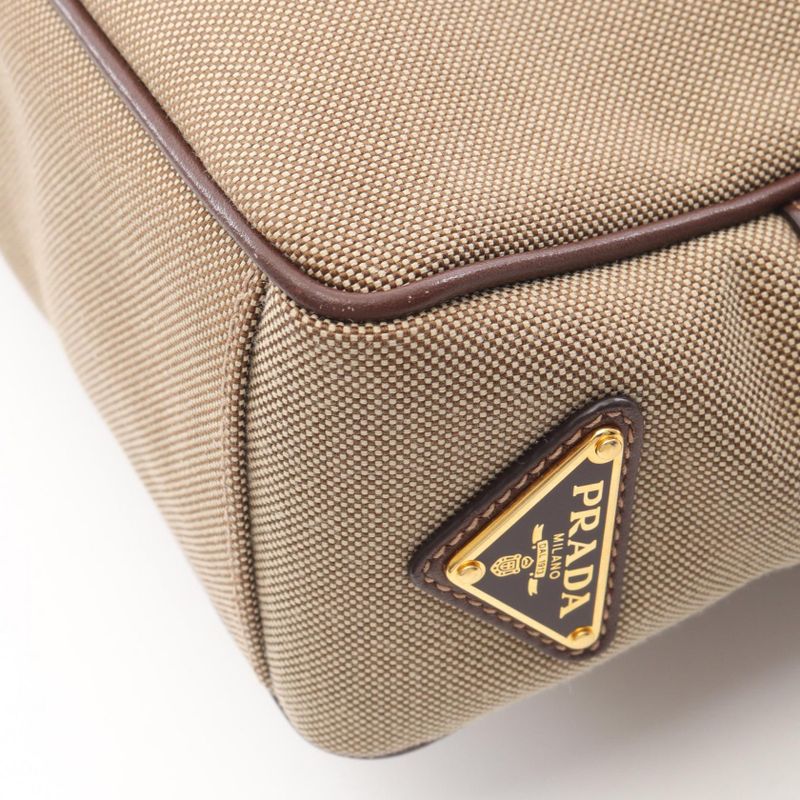 Prada Shoulder Bag Logo Jacquard Beige Brown Canvas Leather