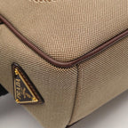 Prada Shoulder Bag Logo Jacquard Beige Brown Canvas Leather