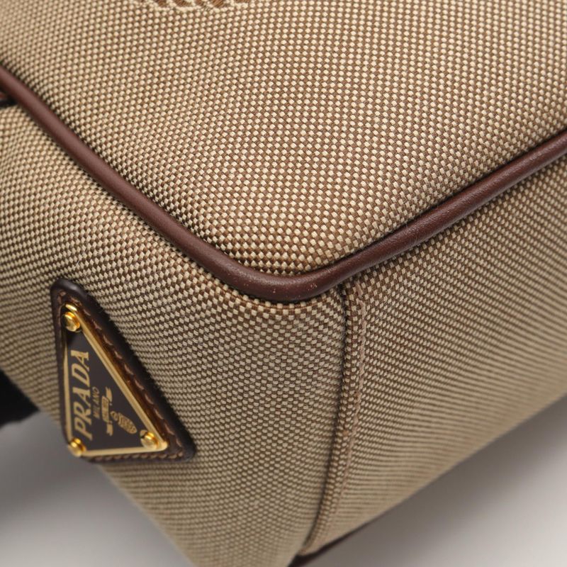 Prada Shoulder Bag Logo Jacquard Beige Brown Canvas Leather
