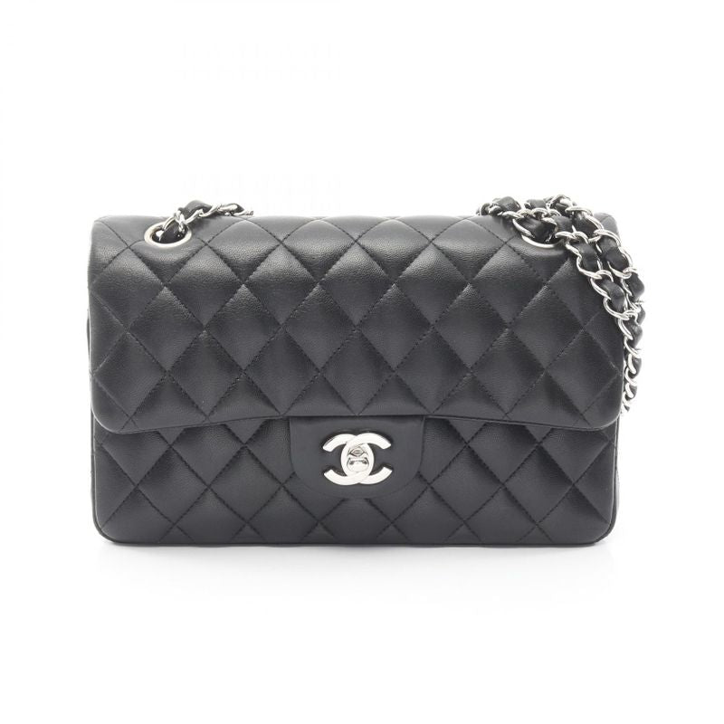 Chanel Shoulder Bag Quilted Double Flap Black Lambskin Chain
