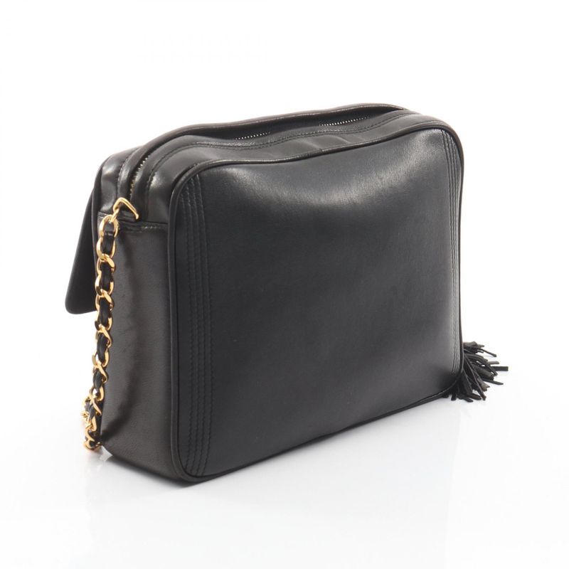 Chanel Shoulder Bag CC Logo Black Lambskin Fringe