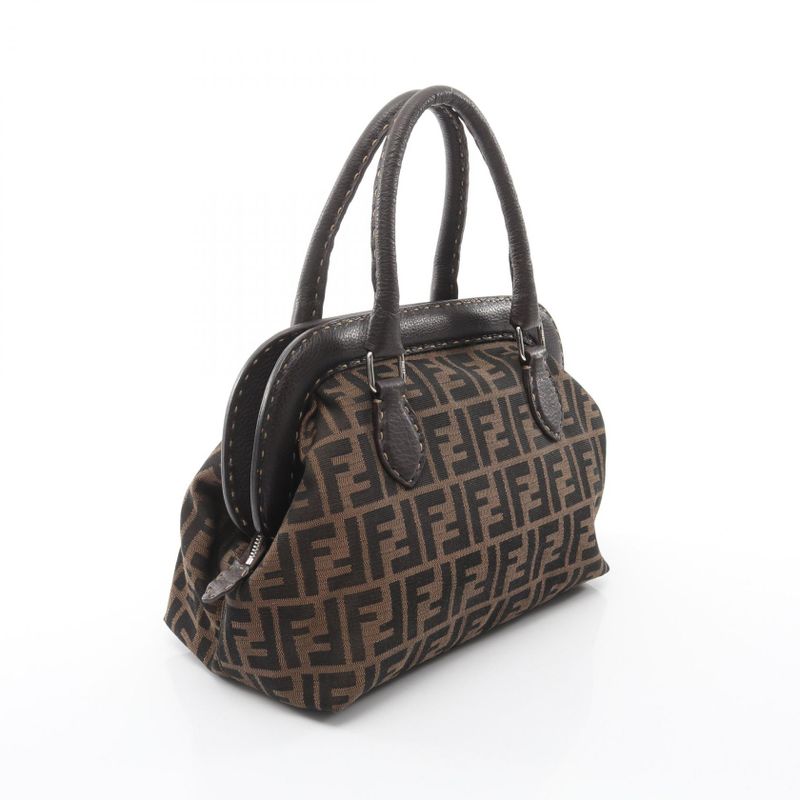 Fendi Handbag Zucca Black Brown Canvas Leather Mamma Roman