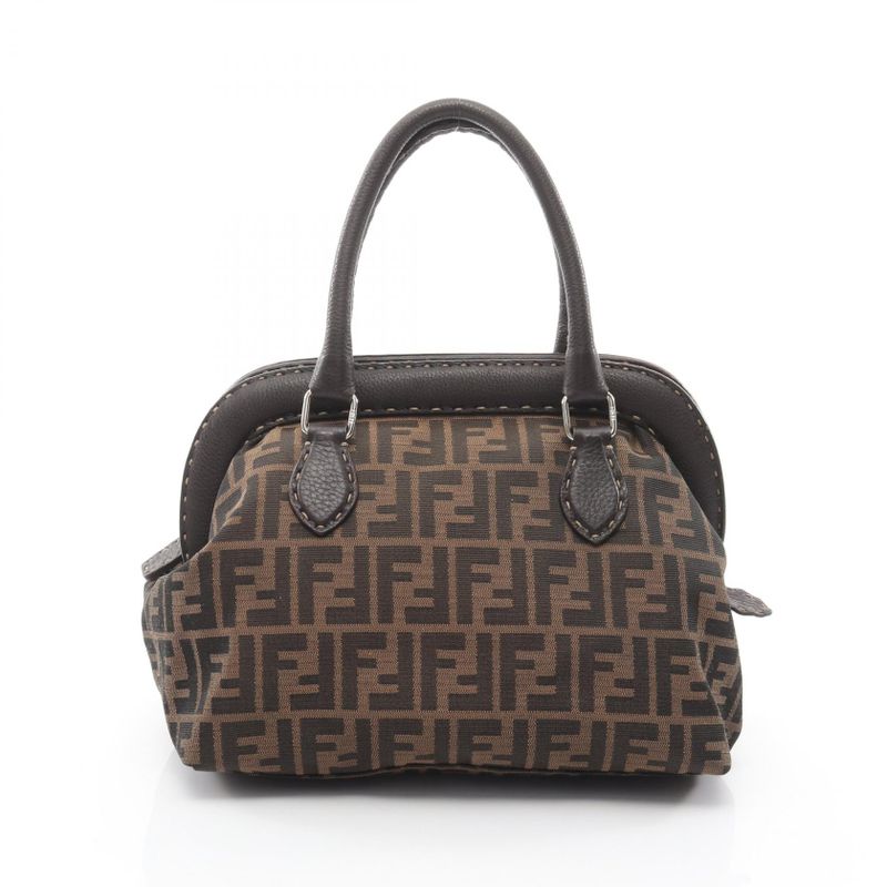 Fendi Handbag Zucca Black Brown Canvas Leather Mamma Roman