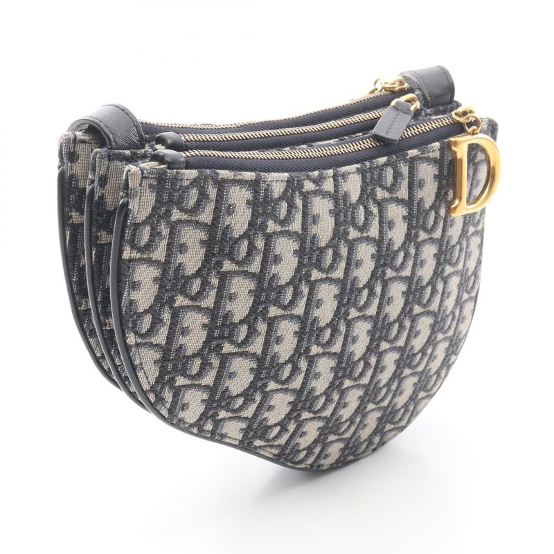 Dior Shoulder Bag Saddle Pouch Black Navy Canvas Leather White Beige