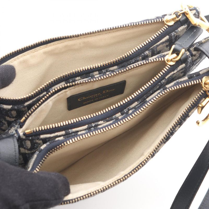 Dior Shoulder Bag Saddle Pouch Black Navy Canvas Leather White Beige