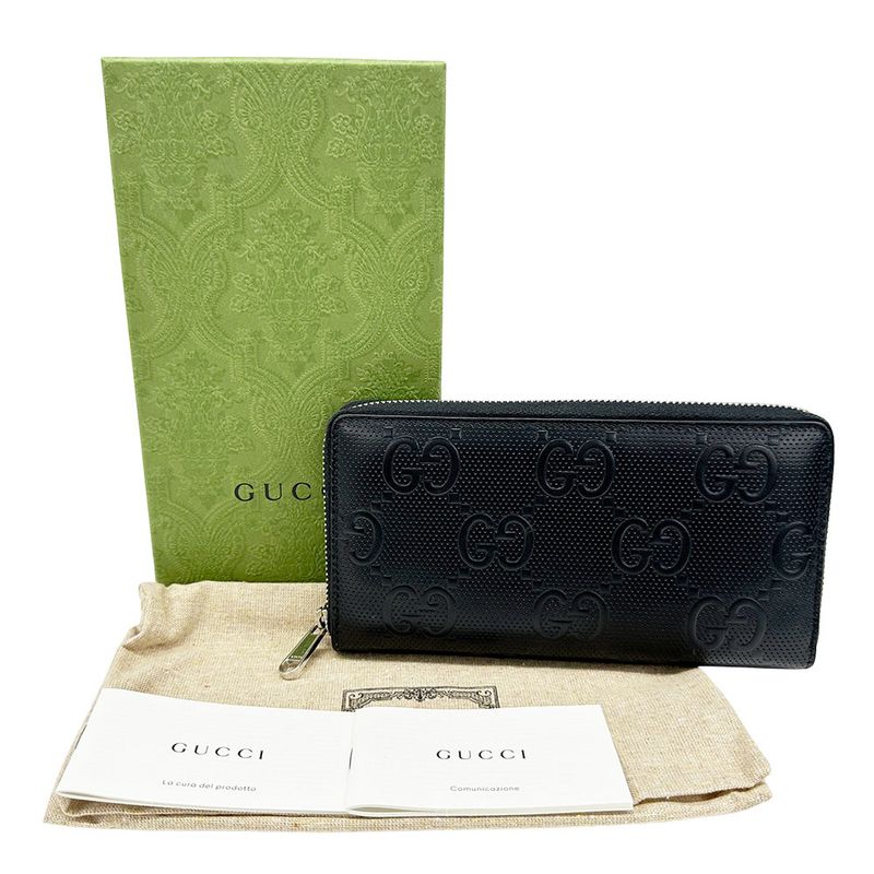 Gucci Wallet GG Emboss Zip Around Leather Black