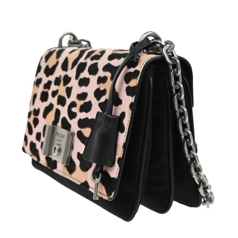 Prada Leopard Calf Hair Chain Shoulder Bag Pink Black Leather