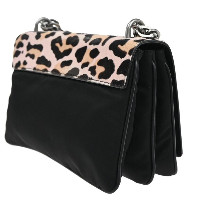 Prada Leopard Calf Hair Chain Shoulder Bag Pink Black Leather