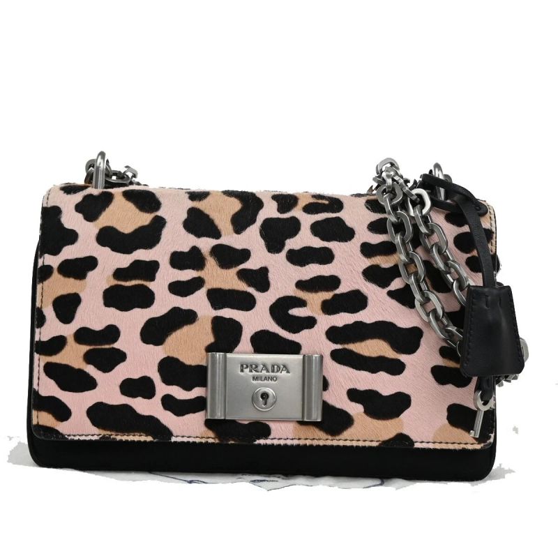 Prada Leopard Calf Hair Chain Shoulder Bag Pink Black Leather
