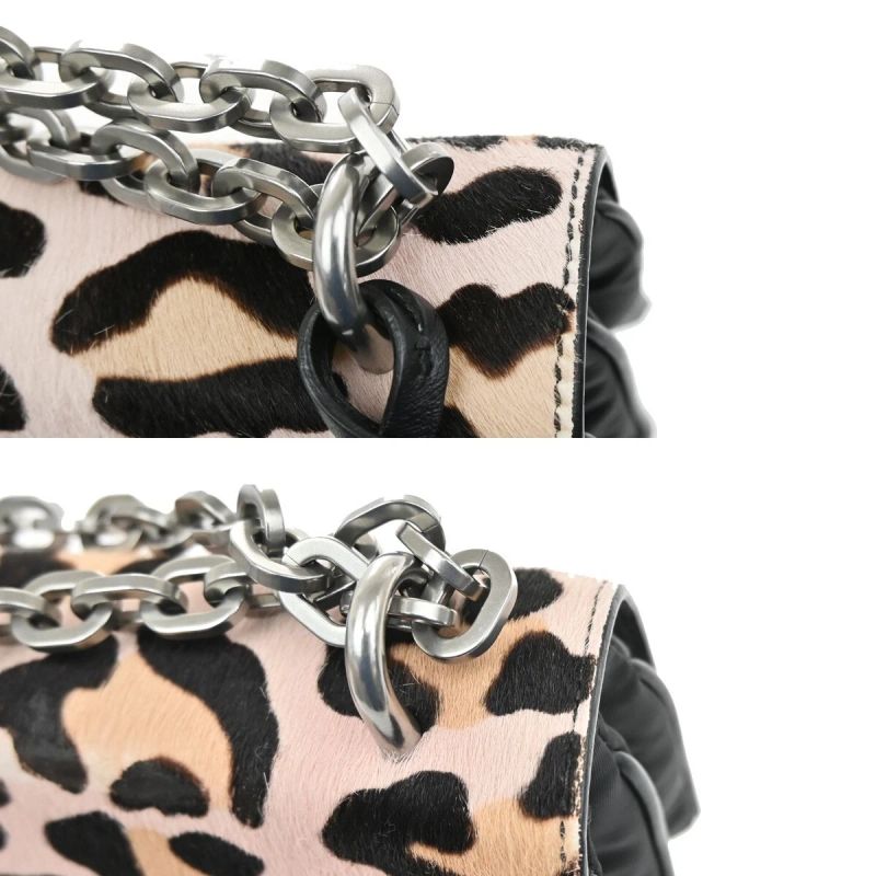 Prada Leopard Calf Hair Chain Shoulder Bag Pink Black Leather