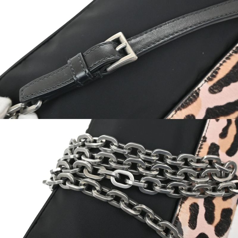 Prada Leopard Calf Hair Chain Shoulder Bag Pink Black Leather
