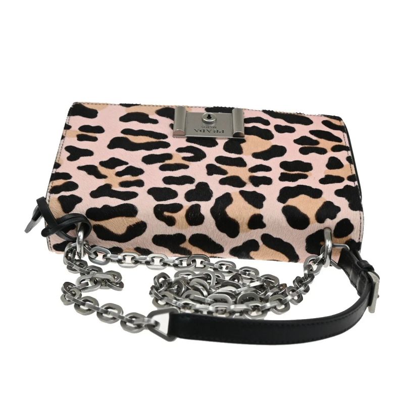 Prada Leopard Calf Hair Chain Shoulder Bag Pink Black Leather
