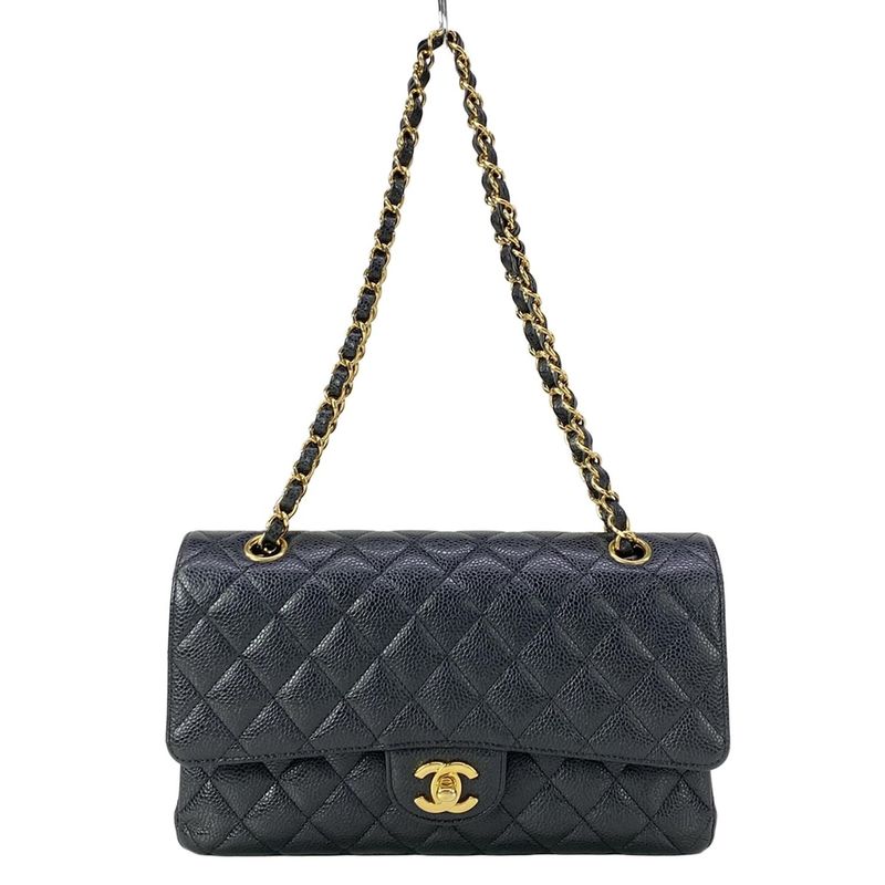 Chanel Shoulder Bag Double Flap Quilted Black Gold Chain