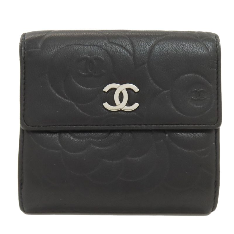 Chanel Camellia Embossed Silver Bifold Wallet