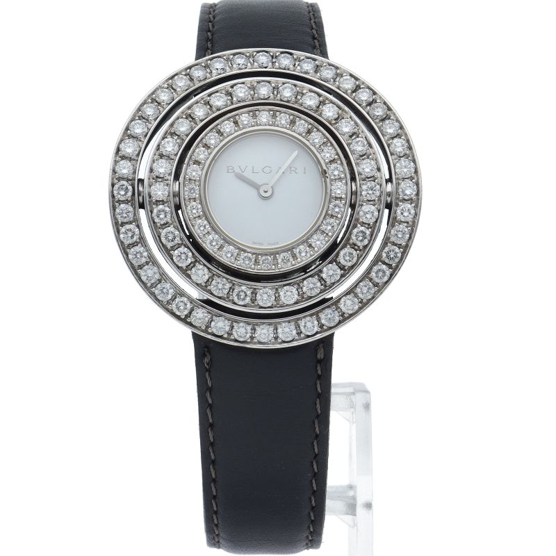 Bvlgari Astra le Cerchi Watch Diamond Bezel 18K White Gold Leather