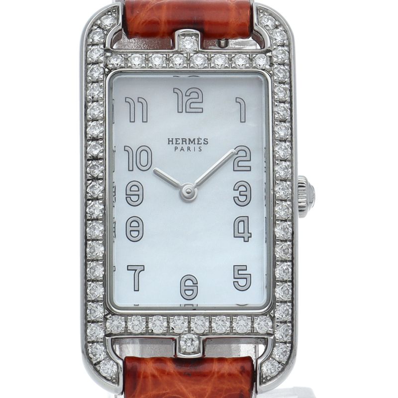 Hermes Nantucket Watch Diamond Bezel Shell Box SS
