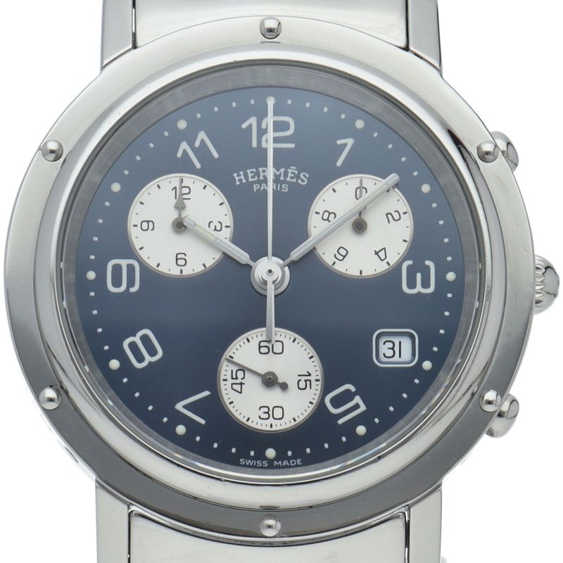 Hermes Clipper Watch Chronograph SS Blue Polished