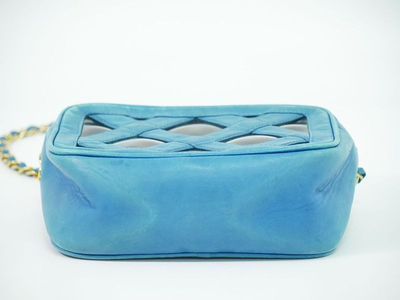 Chanel Tassel Chain Shoulder Bag Pochette Lambskin Leather Vinyl Outside Light Blue