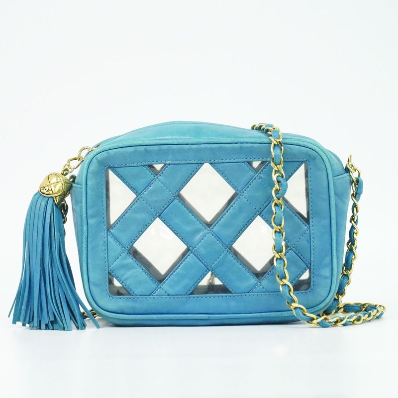 Chanel Tassel Chain Shoulder Bag Pochette Lambskin Leather Vinyl Outside Light Blue