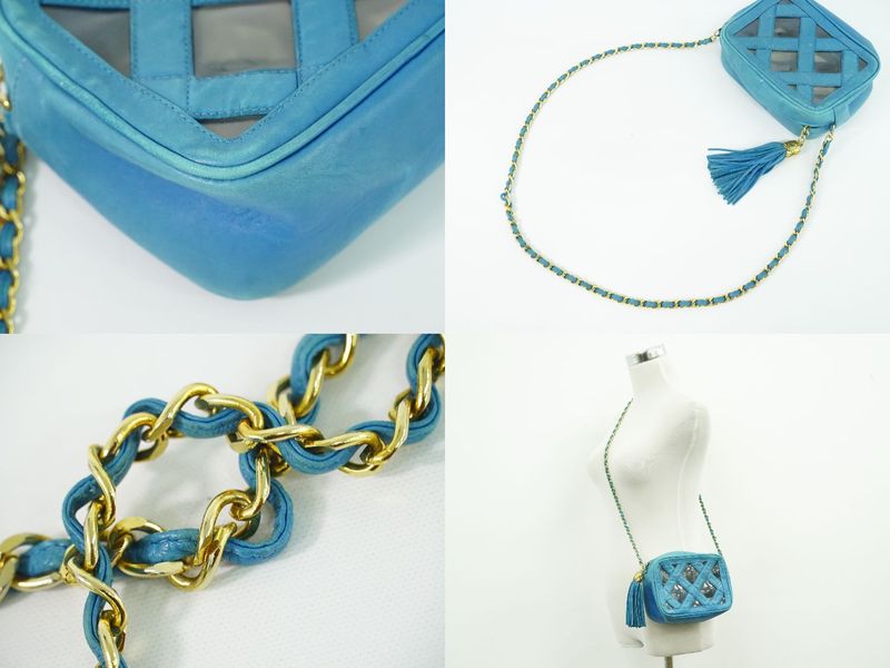 Chanel Tassel Chain Shoulder Bag Pochette Lambskin Leather Vinyl Outside Light Blue