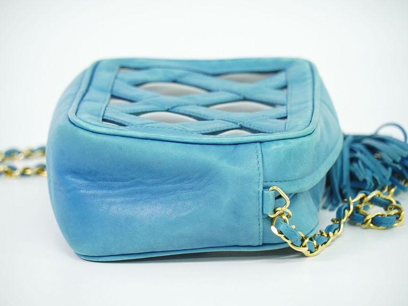 Chanel Tassel Chain Shoulder Bag Pochette Lambskin Leather Vinyl Outside Light Blue