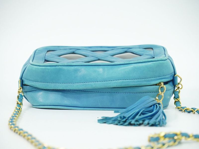 Chanel Tassel Chain Shoulder Bag Pochette Lambskin Leather Vinyl Outside Light Blue