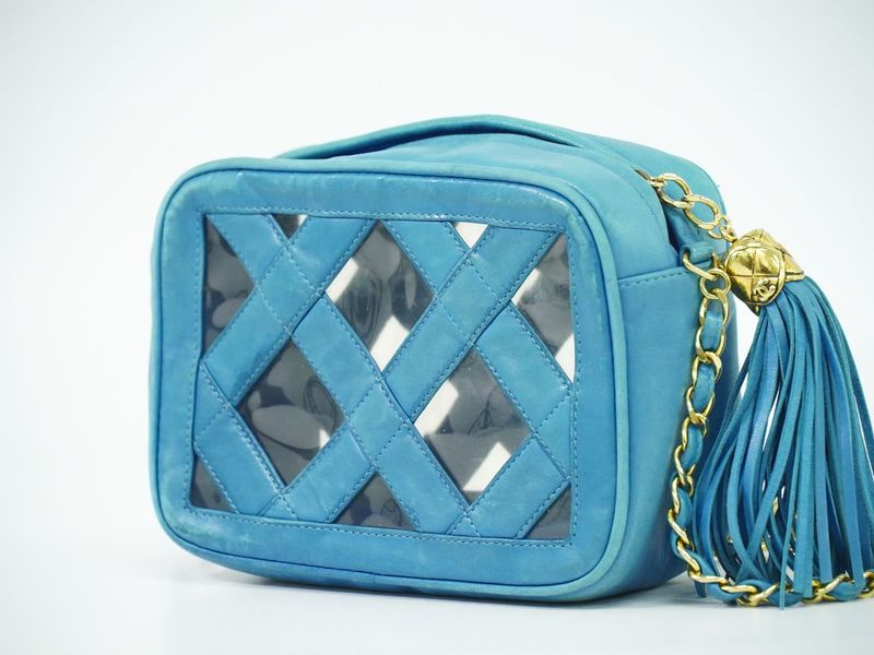Chanel Tassel Chain Shoulder Bag Pochette Lambskin Leather Vinyl Outside Light Blue