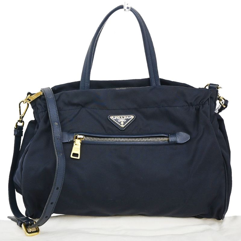 Prada Tessuto Shoulder Handbag 2-Way Navy Nylon Leather