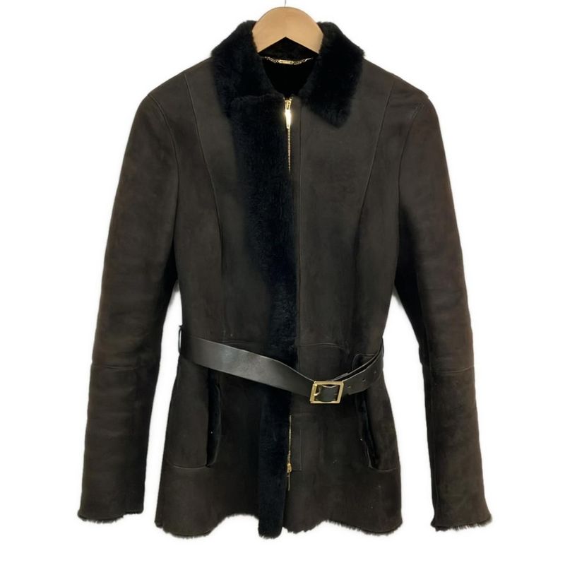 Gucci Coat Dark Brown Long Sleeve Mouton Zip Up Winter