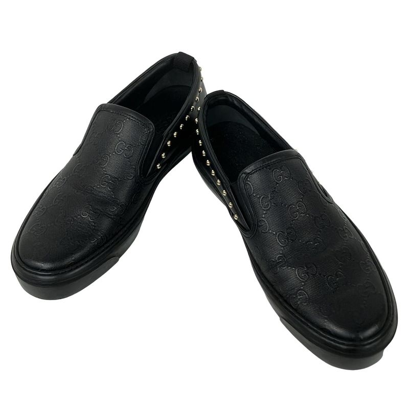 Gucci Slip Ons 38 C Black Studs GG Plus Supreme Leather