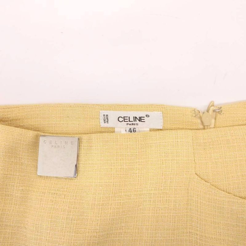 Celine Vintage Tight Skirt Silk Blend Logo Plate Long 46 Yellow
