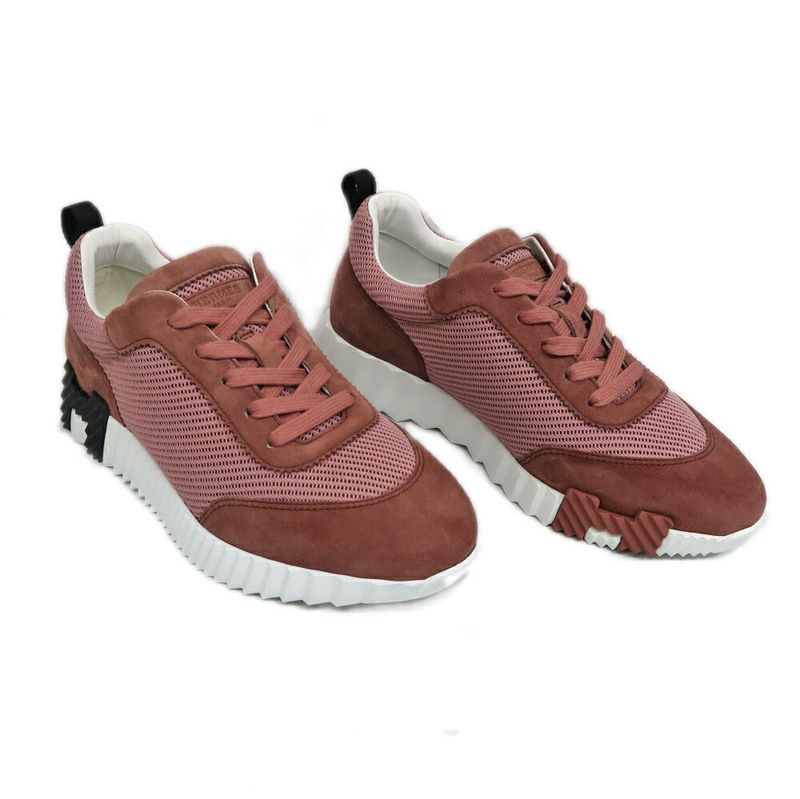 Hermes Bouncing Sneakers 37.5 Pink Mesh Suede Shoes