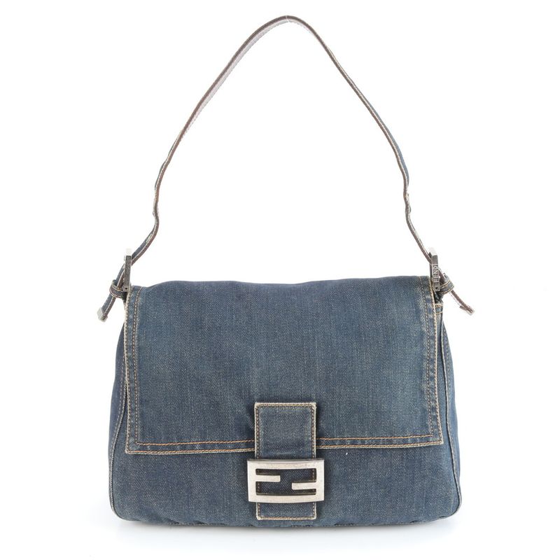 Fendi Denim Mamma Baguette Leather Shoulder Bag Tote