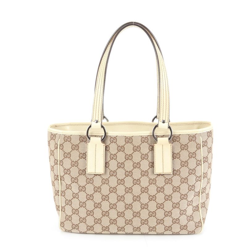 Gucci GG Canvas Leather Tote Shoulder Hand Beige