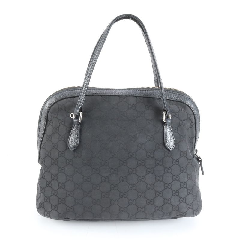 Gucci GG Nylon Leather Tote Shoulder Hand Black Silver