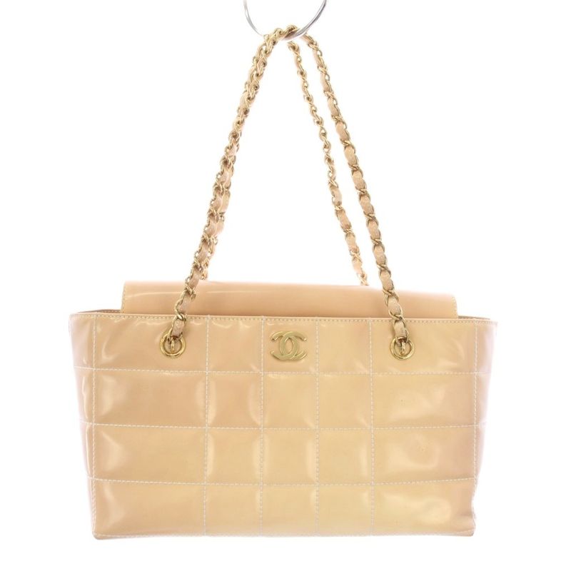 Chanel Chocolate Patent Leather Shoulder Bag Chain Beige TK