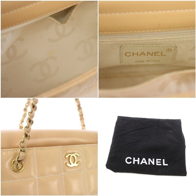 Chanel Chocolate Patent Leather Shoulder Bag Chain Beige TK