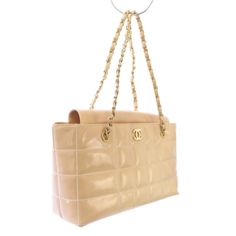 Chanel Chocolate Patent Leather Shoulder Bag Chain Beige TK