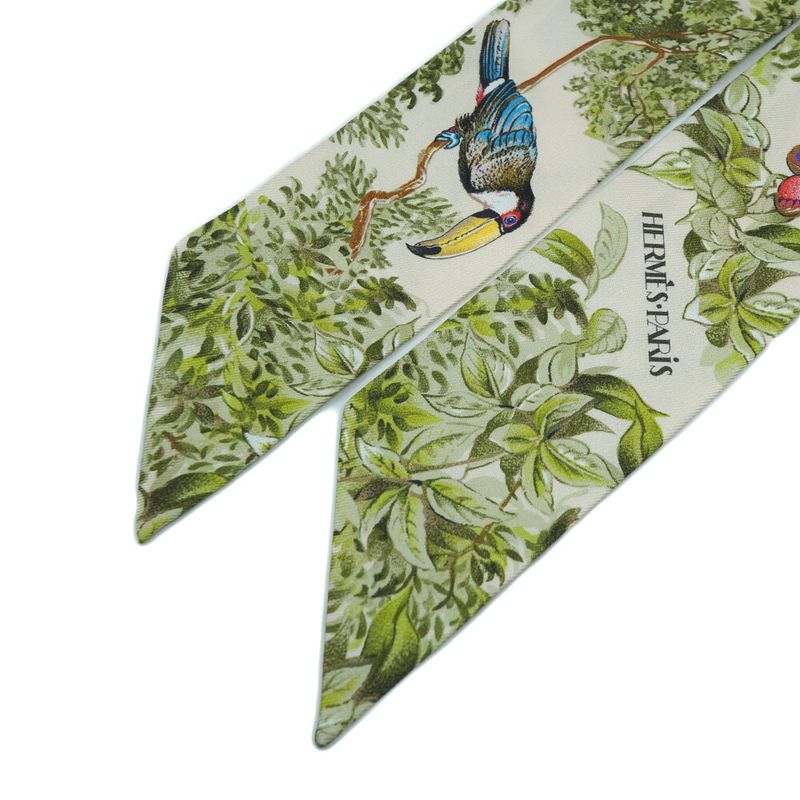 Hermes Equateur Twilly Scarf White Green Multicolor Silk