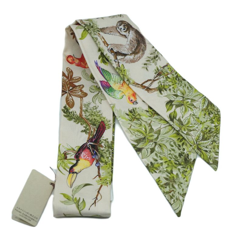 Hermes Equateur Twilly Scarf White Green Multicolor Silk