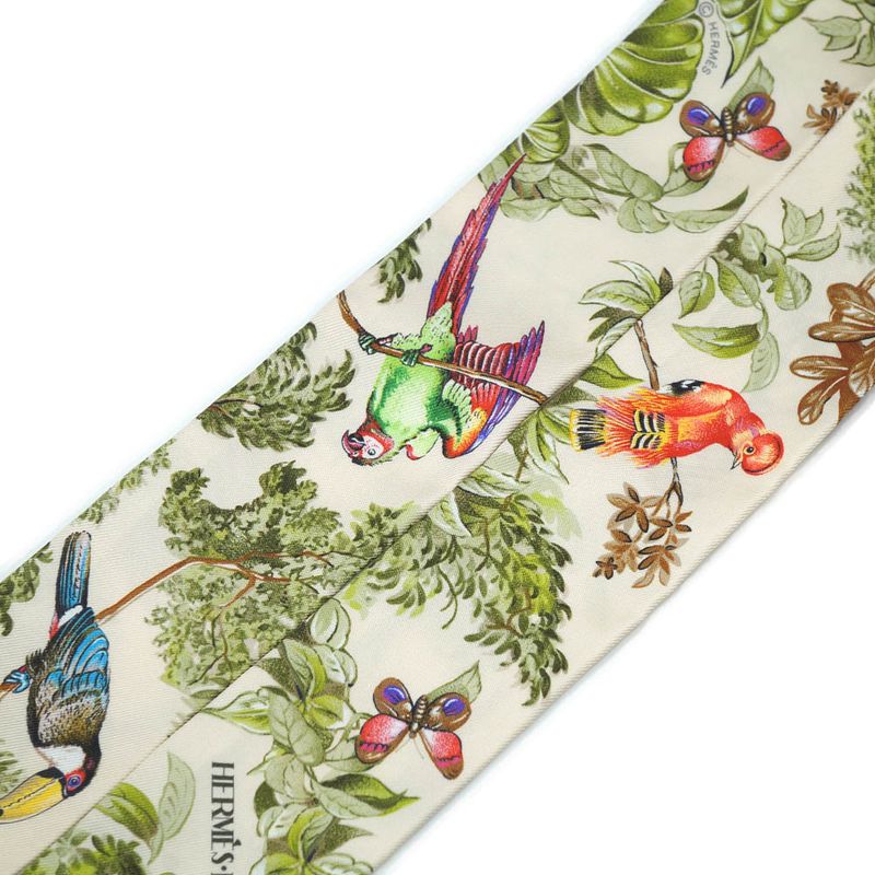 Hermes Equateur Twilly Scarf White Green Multicolor Silk