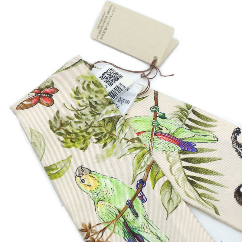 Hermes Equateur Twilly Scarf White Green Multicolor Silk
