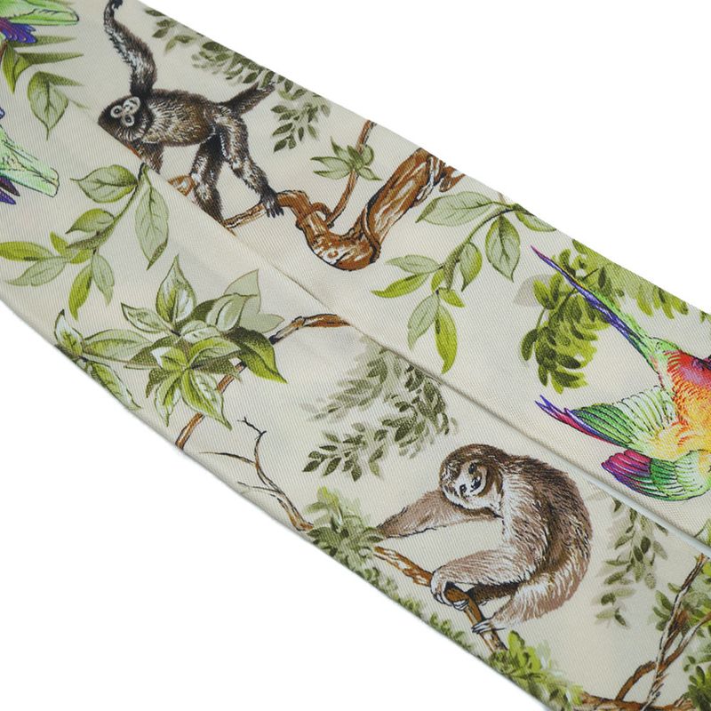 Hermes Equateur Twilly Scarf White Green Multicolor Silk