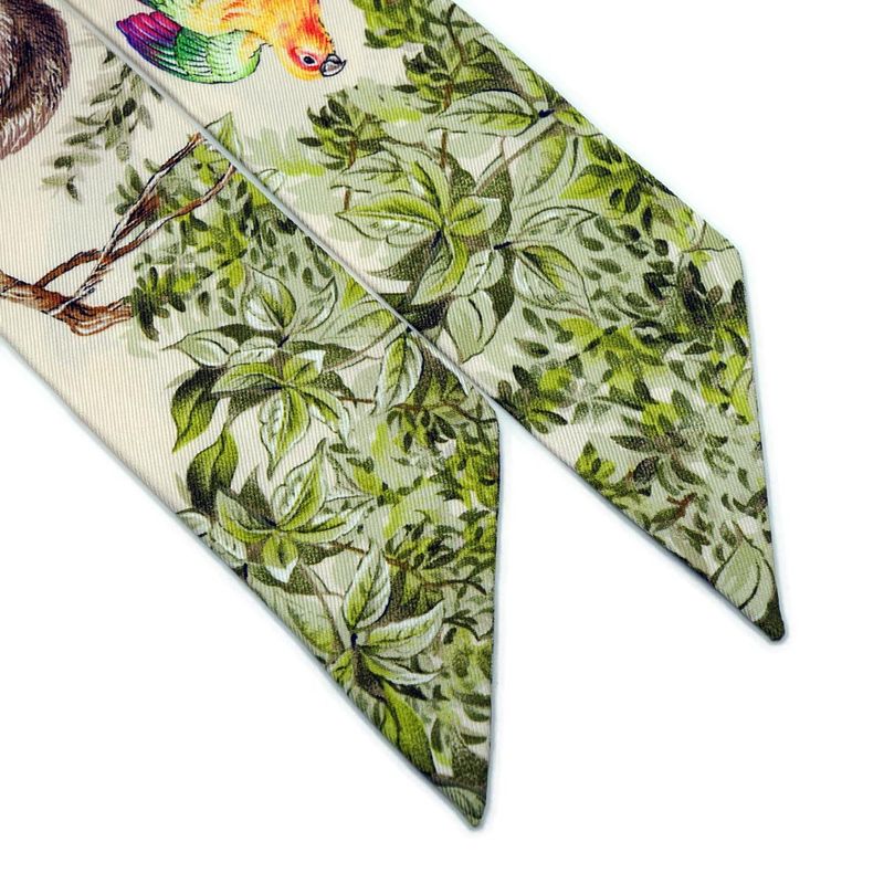 Hermes Equateur Twilly Scarf White Green Multicolor Silk