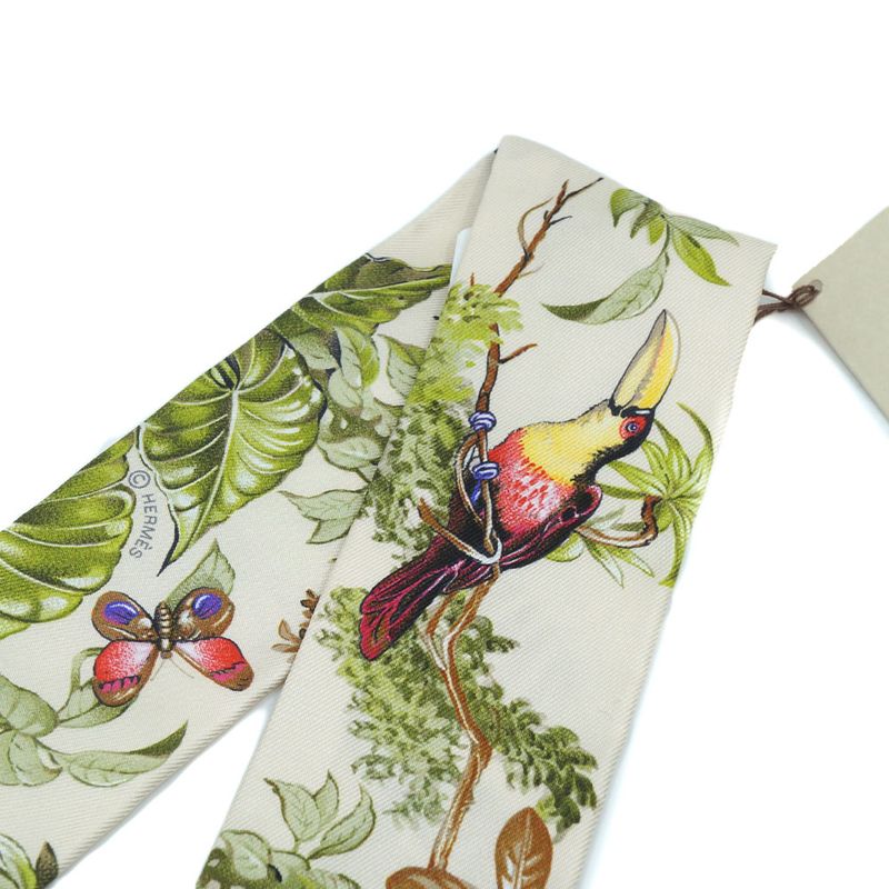 Hermes Equateur Twilly Scarf White Green Multicolor Silk