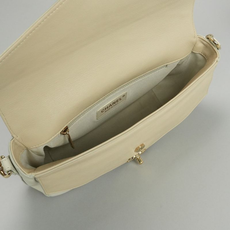 Chanel Chevron Stitch Shoulder Bag Calfskin Beige Gold Chain