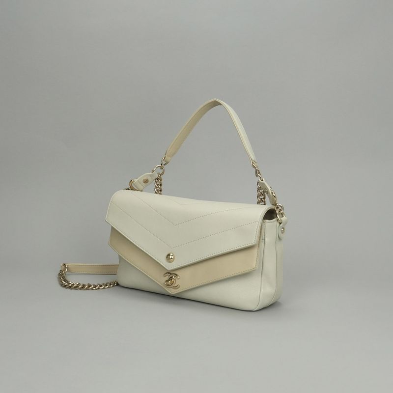 Chanel Chevron Stitch Shoulder Bag Calfskin Beige Gold Chain