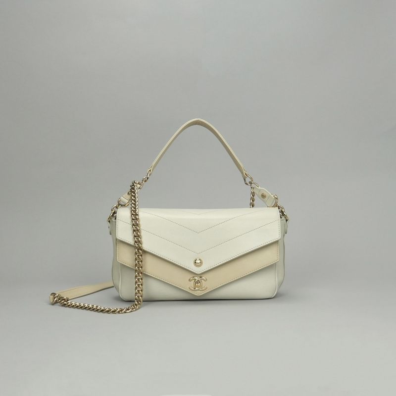Chanel Chevron Stitch Shoulder Bag Calfskin Beige Gold Chain