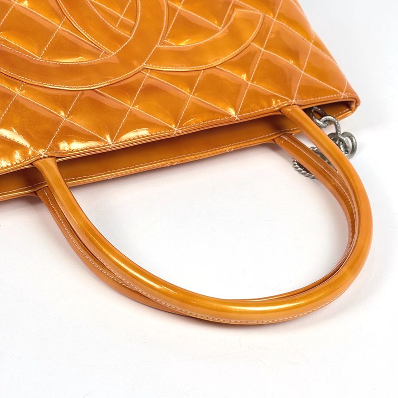 Chanel Medallion Tote Handbag CC Logo Patent Leather Orange